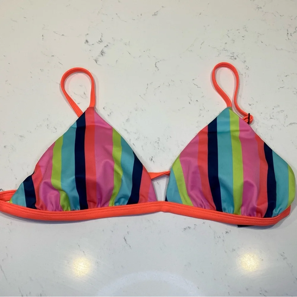 LEITH Bikini Top Pink Blue Striped Swim Large Bright Colorful